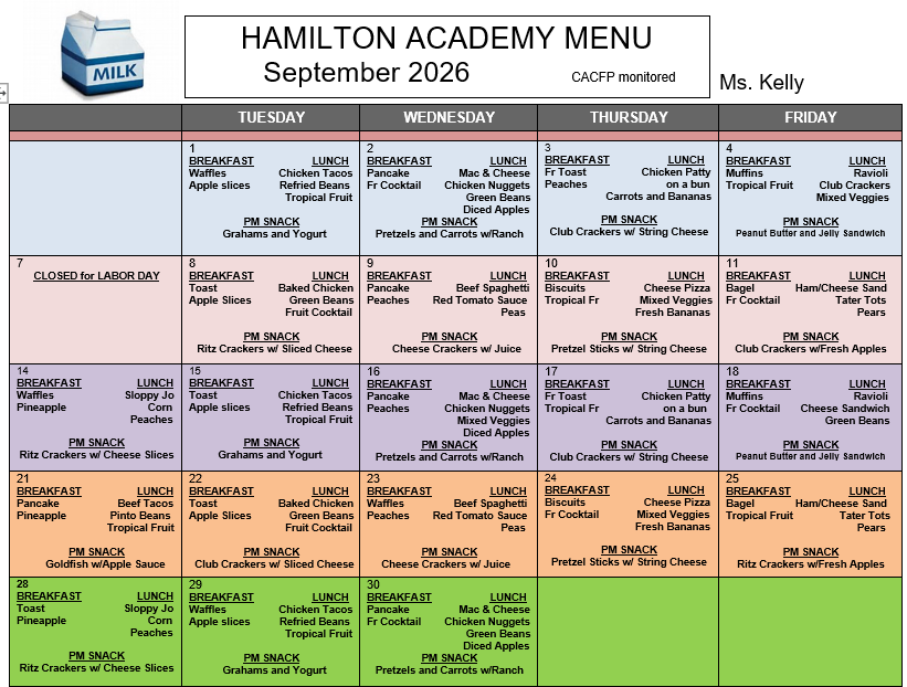 Private preschool menu lunch menu